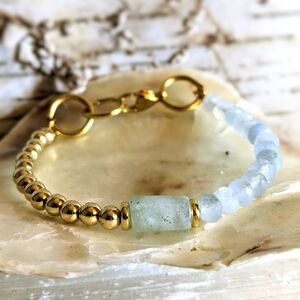 Natural Aquamarine & Gold Beads In Half & Half Assymetrical Gold Plated Bracelet
